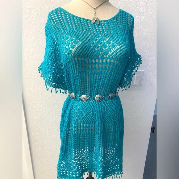 Teal Crochet Swim Cover-Up Size Medium - Picture 2 of 9